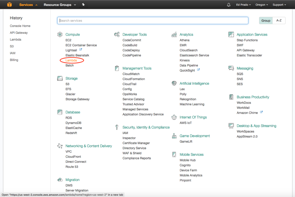 AWS Service Menu