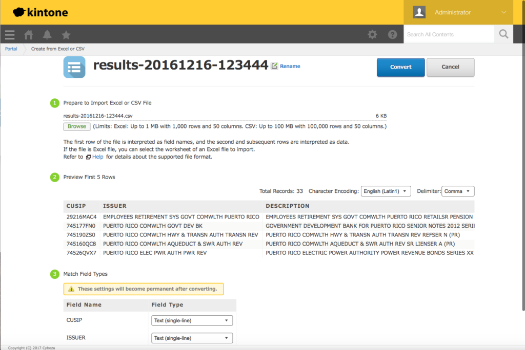 Create from Excel or CSV